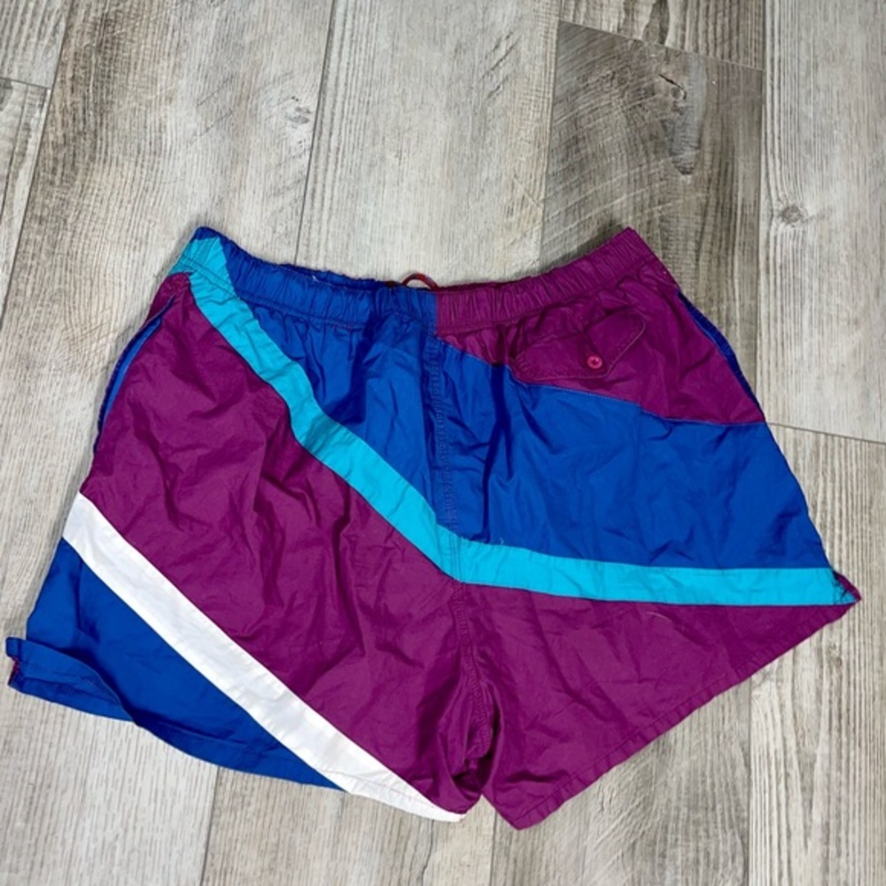 Bill Blass Mens 90’s Streetwear Swim Trunk vintage blue purple shorts colorblock